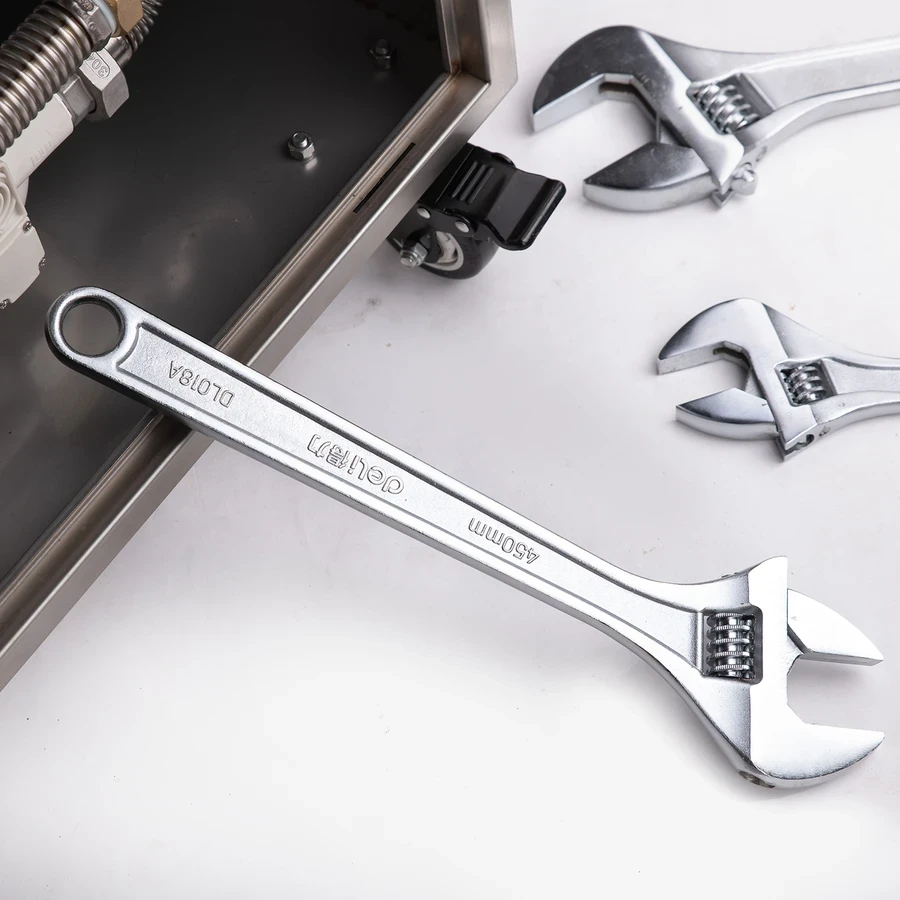 Deli 18" Professional Forged Carbon Steel Adjustable Spanner | Heavy-Duty Chrome-Plated Wrench with Precision Knurl & Laser-Etched Sizing Scale | EDL018A (Silver)
