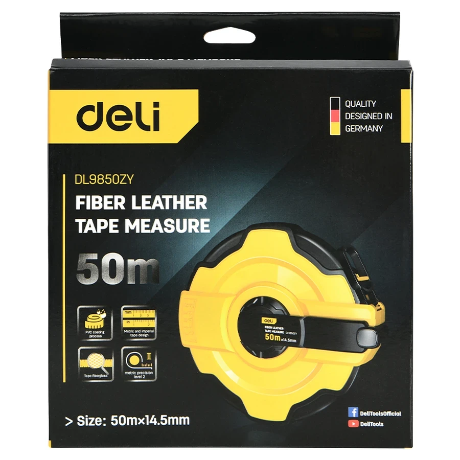Deli 50m x 14.5mm Professional Fiberglass Measuring Tape Reel | Heavy-Duty Class 2 High-Tensile PVC Coated Tape with Shockproof ABS+TPR Frame | EDL9850ZY