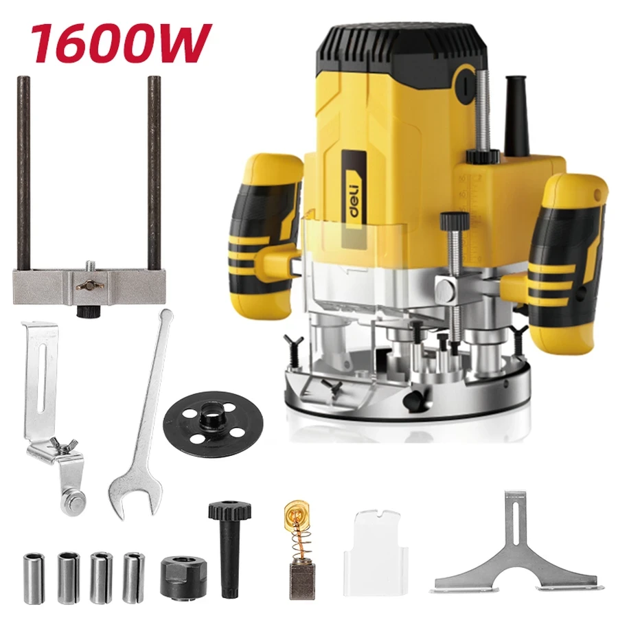 Deli 1600W 1/2" (12mm) Professional Electric Plunge Wood Router (23,000 RPM) | Heavy-Duty Precision Depth Control with Transparent Dust Cover (Yellow) | EDL-MX12-E1