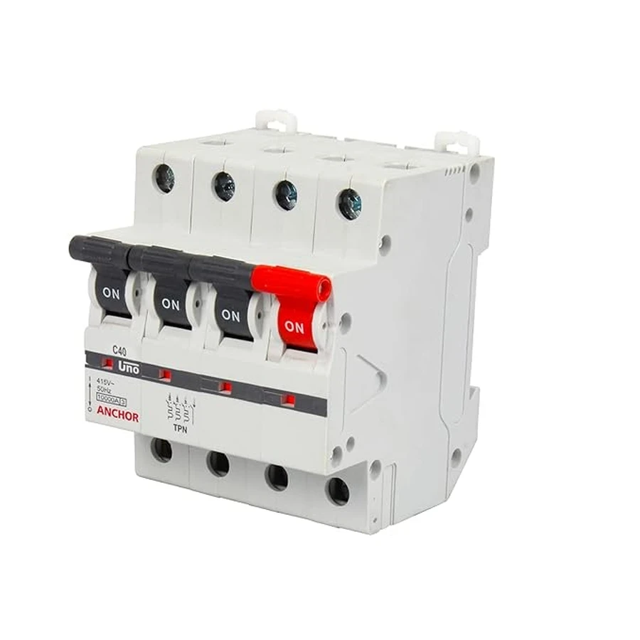Anchor UNO 4P MCB 40A 'C' Curve 98039 - Four Pole, Standard Circuit Breaker Type, Overcurrent Protection for Three-Phase Systems