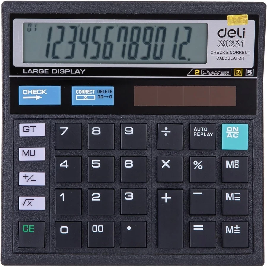 Deli 12-Digit Commercial Desktop Calculator | Big LCD Screen with Check & Correct and Auto Replay Functions | E39231