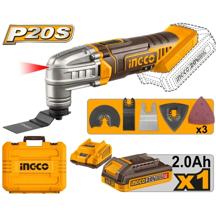 INGCO 20V Cordless Oscillating Multi-Tool | 6-Speed 5000-20000RPM Multi-Function Cutter with 2.0Ah Battery, Charger, Blades, Scraper, and Sanding Base | CMLI20228
