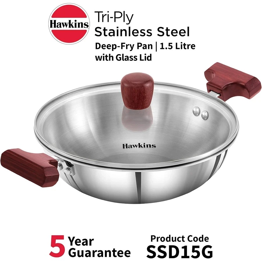 Hawkins SSD15G 1.5L Tri-Ply Stainless Steel Deep Fry Pan (Kadhai) with Glass Lid | Induction & Gas Compatible | Silver