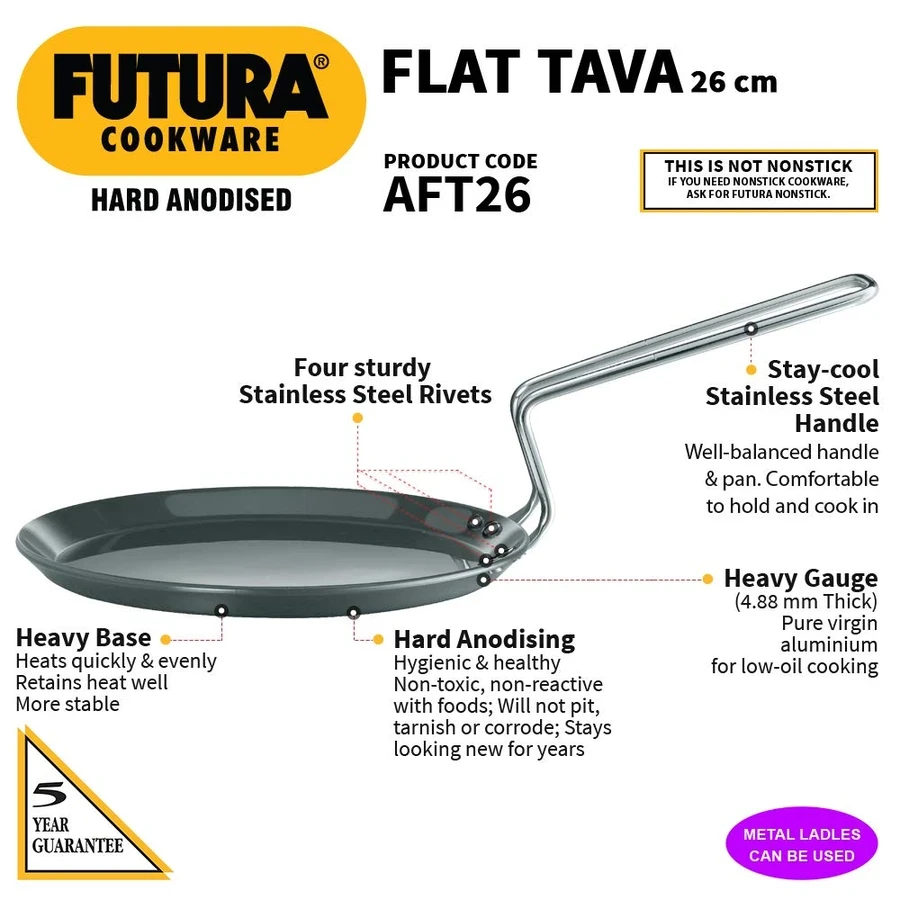 Hawkins AFT26 26cm Hard Anodised Flat Tava | Flat Surface for Dosa & Uttapam | Stay-Cool Stainless Steel Handle | Oven Safe | Black