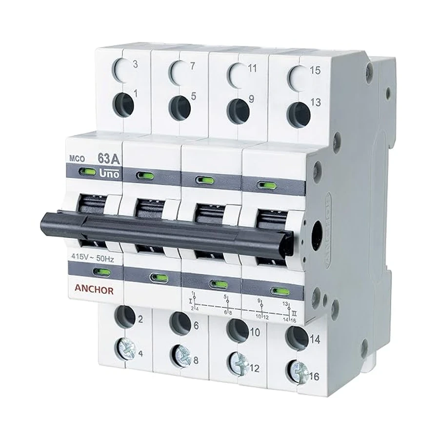 Anchor 98088 63A FP UNO Changeover Switch - Four Pole, 63 Amps Rated Current, Modular Manual Transfer Switch for Three-Phase Systems, Surface Mount