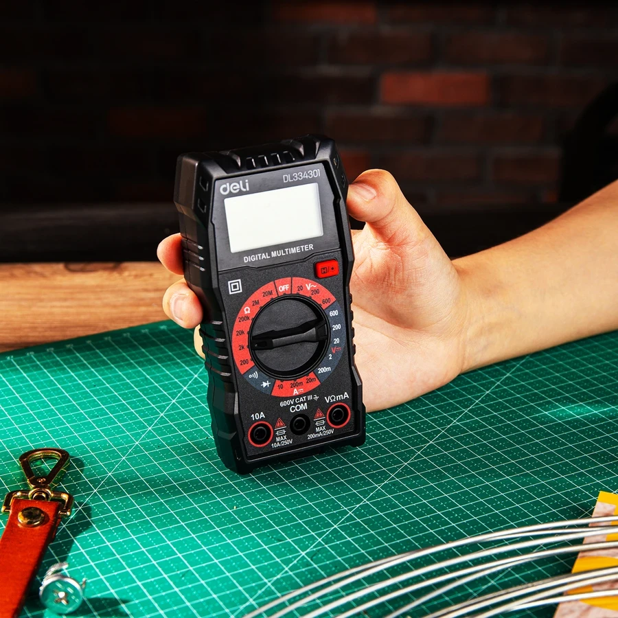 Deli Digital Multimeter CAT III 600V Manual Ranging 3 1/2 Digit Display for AC/DC Voltage, DC Current & Resistance with LCD Backlight (Red) | EDL334301