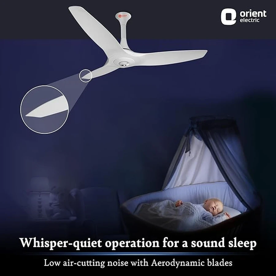 Orient Aeroquiet 1200mm (1230mm) Ultra-Quiet High-Airflow Ceiling Fan | 240 CMM Air Delivery Aerodynamic 3-Blade Modern Ceiling Fan in Caramel Brown & White  | Aeroquiet