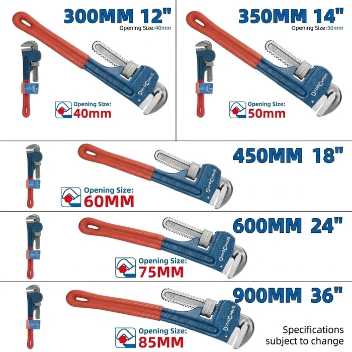 Dongcheng 12" to 36" Heavy Duty Industrial Pipe Wrench (300mm–900mm) | Forged High-Carbon Steel Hook Jaw & Inactivate Anti-Rust Treatment with Solid Rivet Build | DG Series