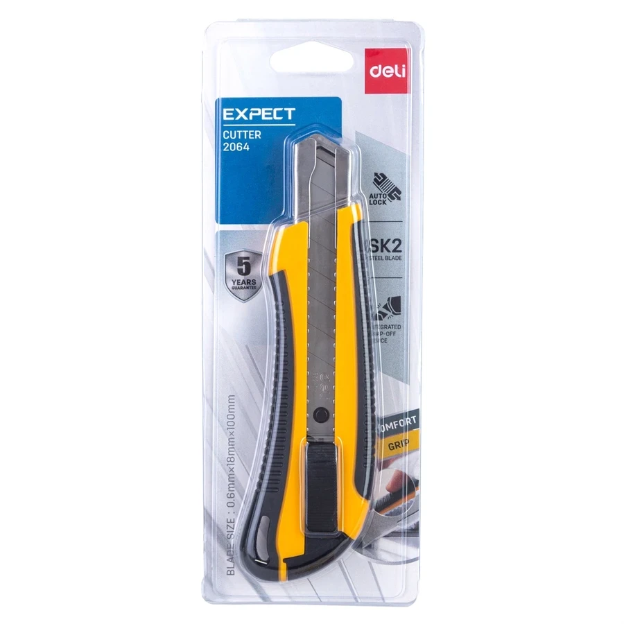 Deli Professional Soft-Touch Utility Knife E2064 - 18mm SK2 Hard Blade, Auto-Lock Safety, Yellow