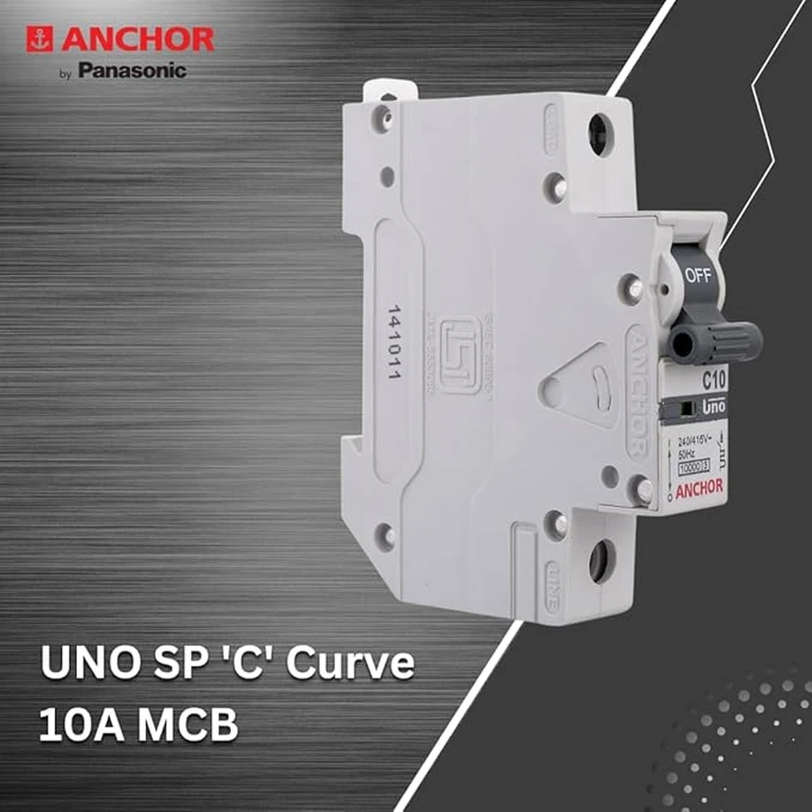 Anchor UNO SP MCB 10A 'C' Curve 98002 - Single Pole, DIN Rail Mount, Standard Circuit Breaker for Lighting Circuits