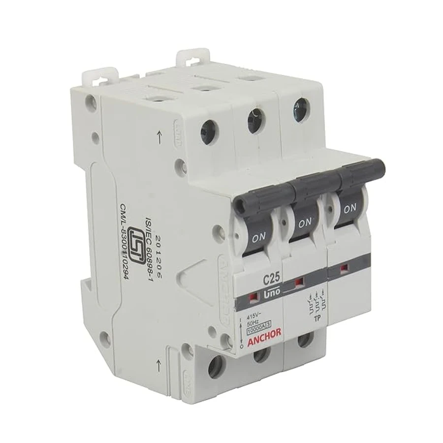 Anchor UNO TP MCB 25A 'C' Curve 98029 - Three Pole, Medium Current Capacity, Clamp Mount Standard Circuit Breaker
