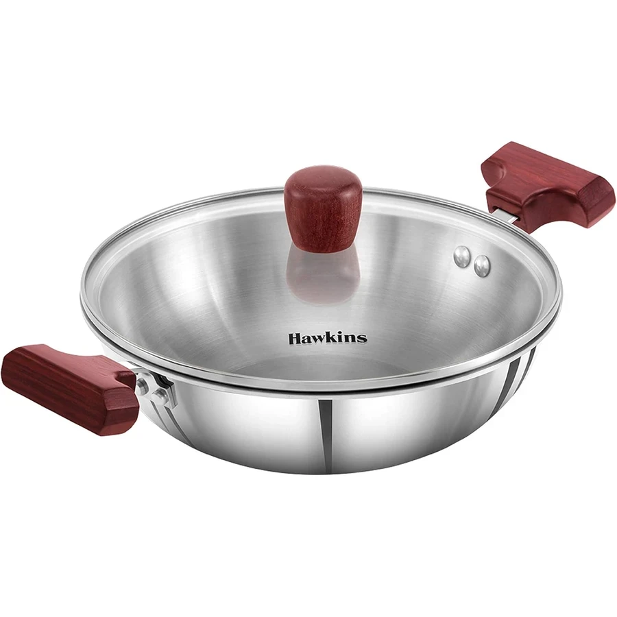 Hawkins SSD15G 1.5L Tri-Ply Stainless Steel Deep Fry Pan (Kadhai) with Glass Lid | Induction & Gas Compatible | Silver