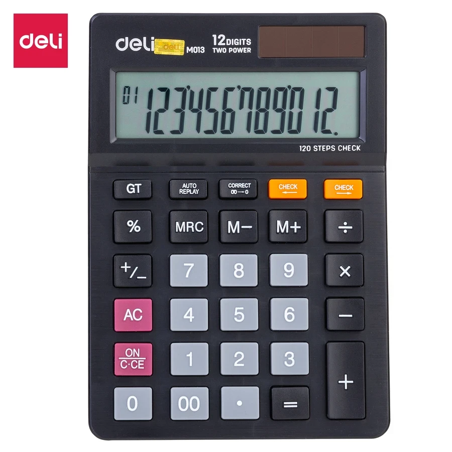 Deli 12-Digit Commercial Desktop Calculator | Accurate 120 Steps Check & Correct with Solar and Battery Dual Power (Black) | EM01320