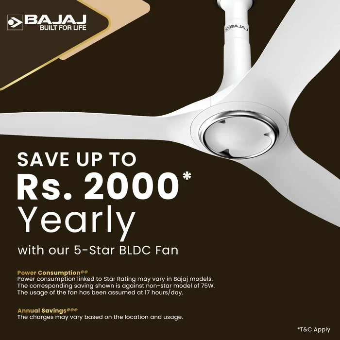 Bajaj Arioso 12DC5R 1200mm (48") 5-Star BLDC Ceiling Fan with Remote | 41W 250 CMM Low-Noise ABS Airfoil Blades - White & Chrome | Model 251720EE