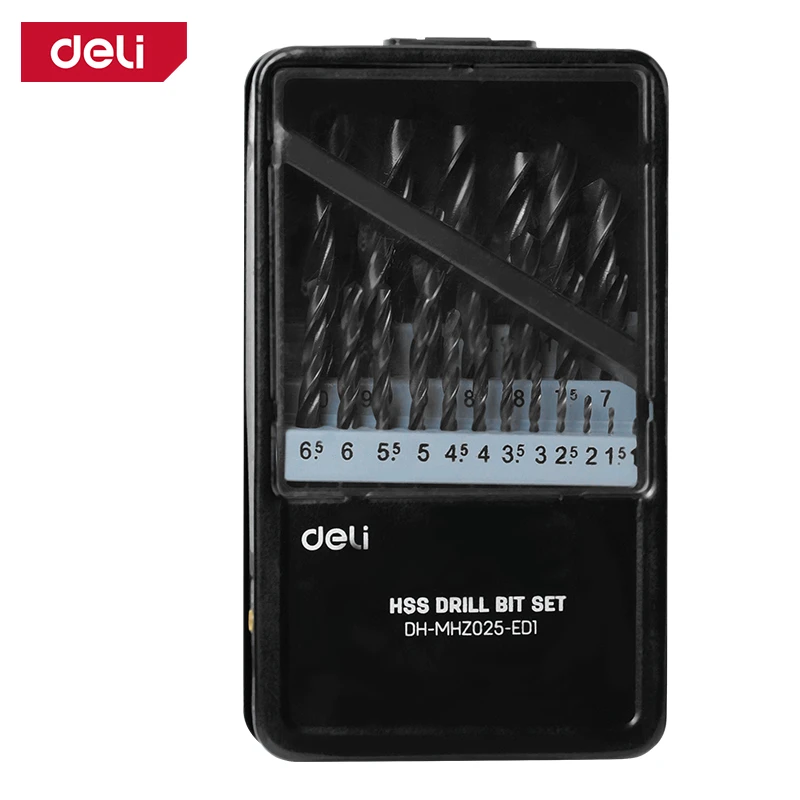 Deli 25-Piece HSS 4241 High-Speed Steel Drill Bit Set (1mm–13mm x 0.5mm) | Double Helix Twist Bits with Black Oxide Finish in Metal Index Case | EDH-MHZ025-ED1