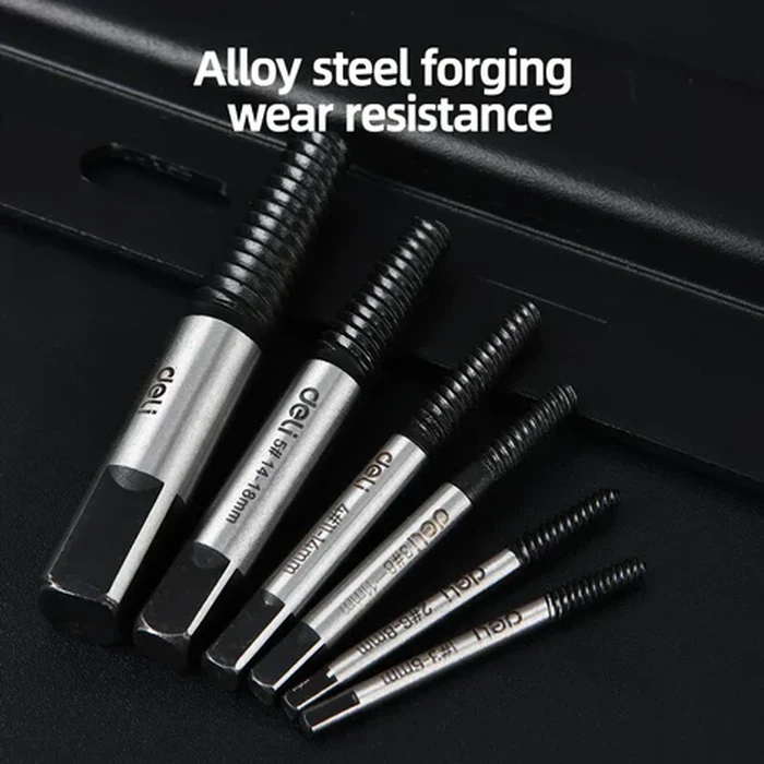 Deli 6-Piece Professional Alloy Steel Screw Extractor Set | Heavy-Duty Heat-Treated Damaged Bolt & Stripped Stud Broken Fastener Removal Kit | EDL0026