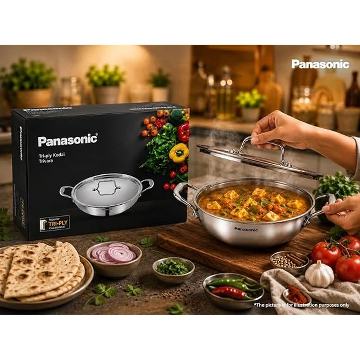 Panasonic Triply Stainless Steel Induction Base Kadai with Stainless Steel Lid (1.5L to 4.8L / 20cm to 30cm) | Fast Uniform Heating Multi-Cooktop Compatible - ND-KA Series