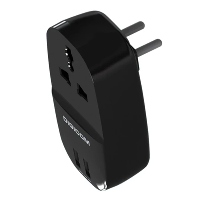 Digicom DG-T12U 1 Port Universal Socket & 2 USB Ports | 15A High Load Logic | Travel Optimized & 2500W Power Capacity | 2.4A USB