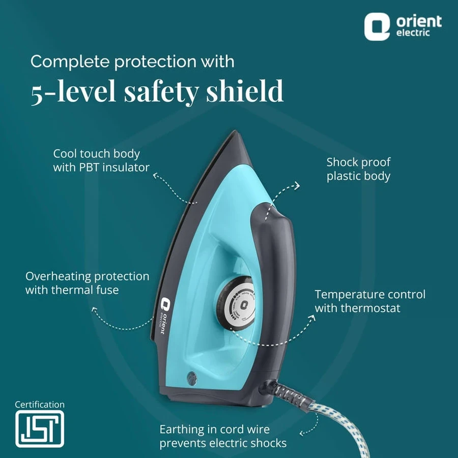 Orient Fabripress 1000W Professional Dry Iron | Intelligent Auto Shut-Off Safety Garment Press with Lightweight Plastic Body & Fast Heat-Up (Turquoise & Black)