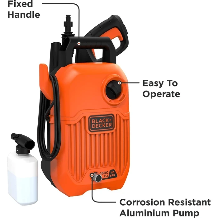 Black+Decker 110 Bar Corded Electric Pressure Washer | 6.8 L/min High-Velocity Car & Patio Cleaning Machine with 3-Meter Hose | BEPW1300-B5