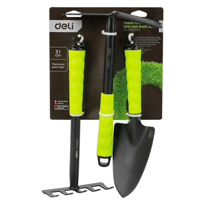 Deli 3-Piece Professional Gardening Tool Set | Heat-Treated Carbon Steel Hoe, Wide Shovel Spade & 3-Prong Rake Kit with 310mm Ergonomic Comfort Handles | EDL580803