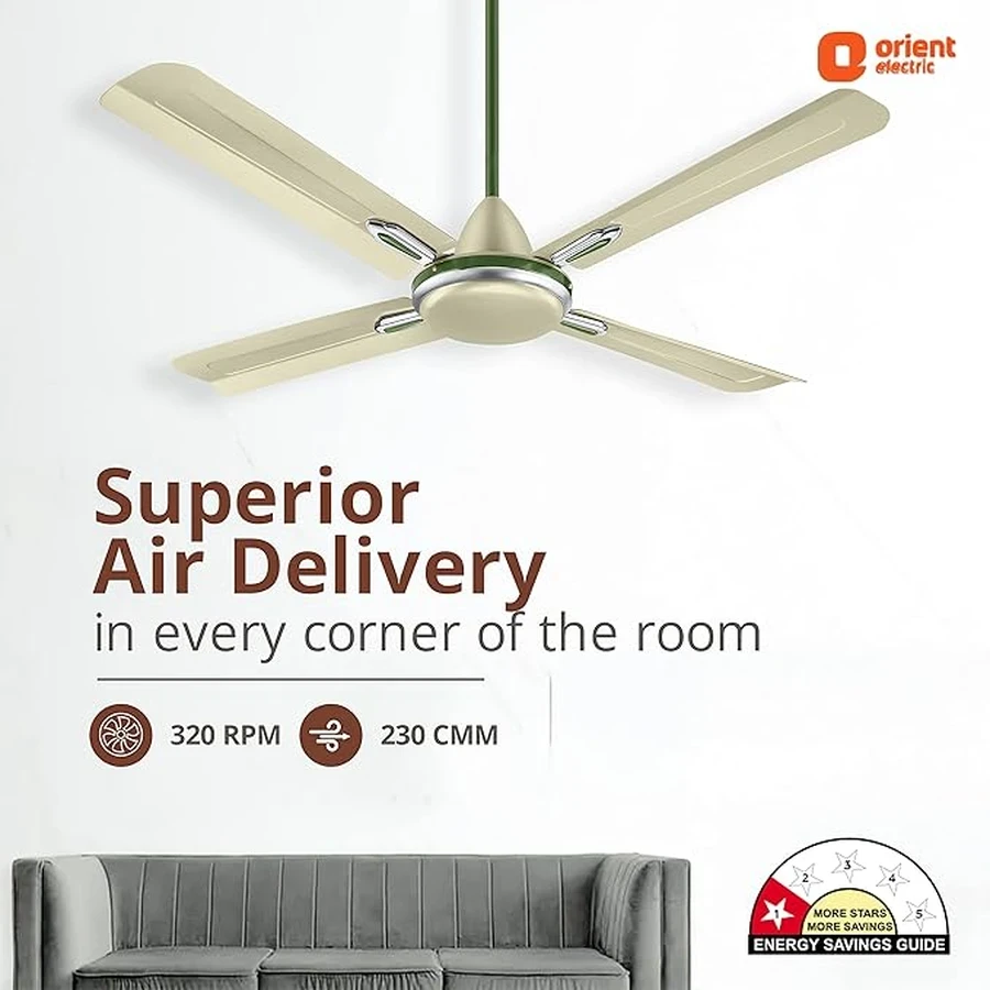Orient Quadro Ornamental 4-Blade Ceiling Fan 60W | 1200mm | BEE Star Rated | 230 CMM Airflow | Silver Blue, Sea Green, Ivory Cherry & Golden Chocolate