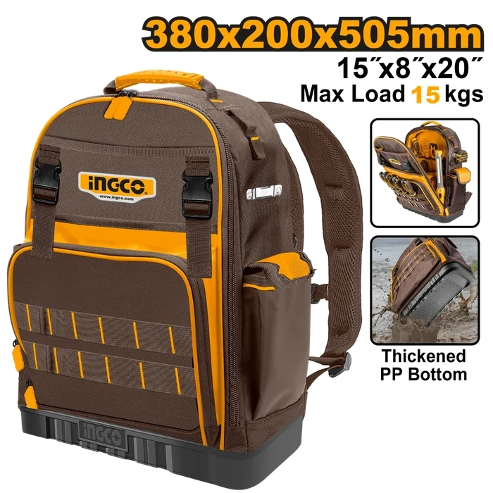 INGCO Heavy-Duty 1680D Oxford Tool Backpack (15kg Load Capacity, Rigid Frame & Waterproof Molded Plastic Base) | HBP03028