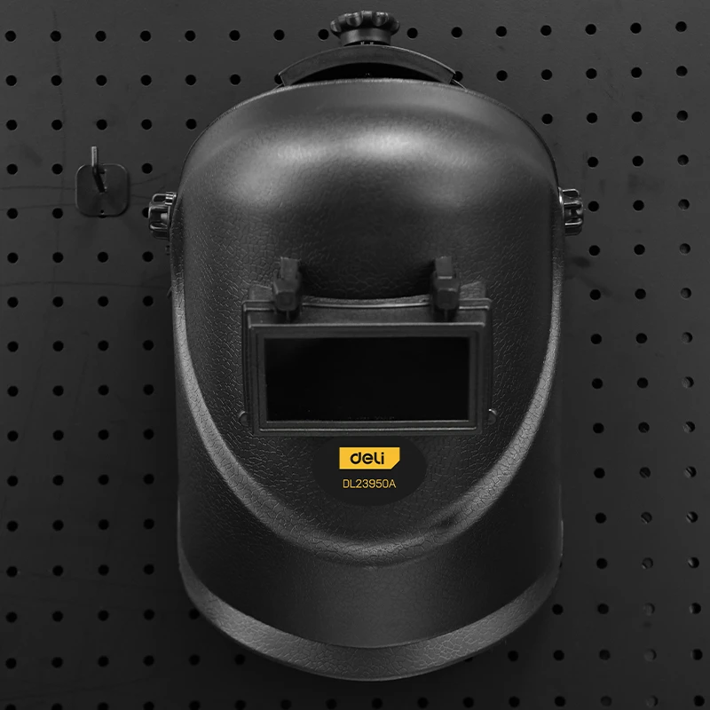 Deli Professional Helmet Type Head-Wearing Welding Mask | High-Strength PP Shell with Flip-Front Tempered Glass Lens & Adjustable Ratchet Headgear (Black) | EDL23950A