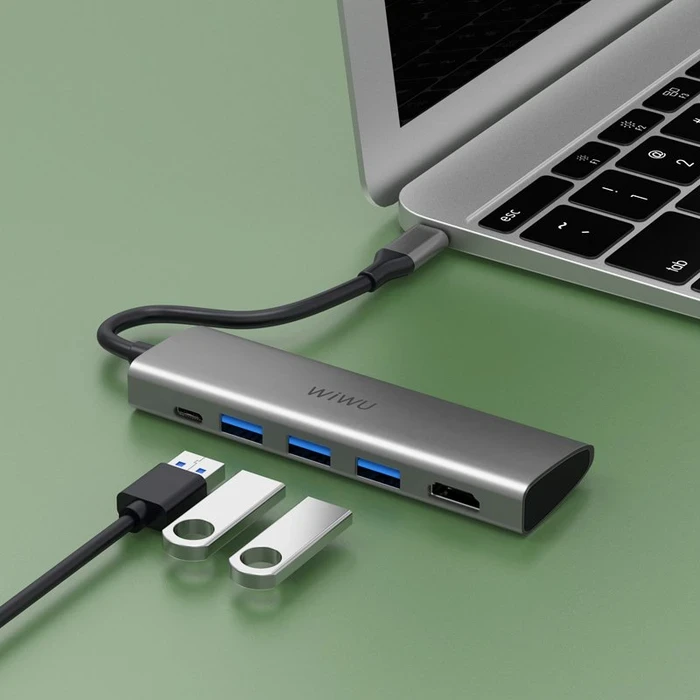 WIWU Alpha 5-in-1 USB-C Hub | Triple USB 3.0 & 4K HDMI Matrix | Type-C Data Interface | Grey | A531H