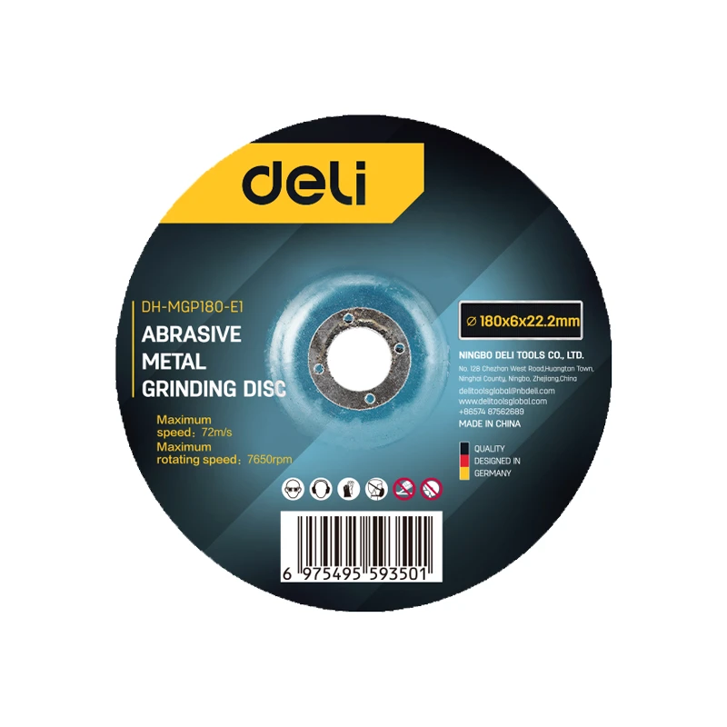 Deli 180x6.0x22.2mm (7") Heavy-Duty Abrasive Metal Grinding Disc | 6mm Composite Corundum Depressed Center Wheel with Thickened Steel Ring (Black) | EDH-MGP180-E1