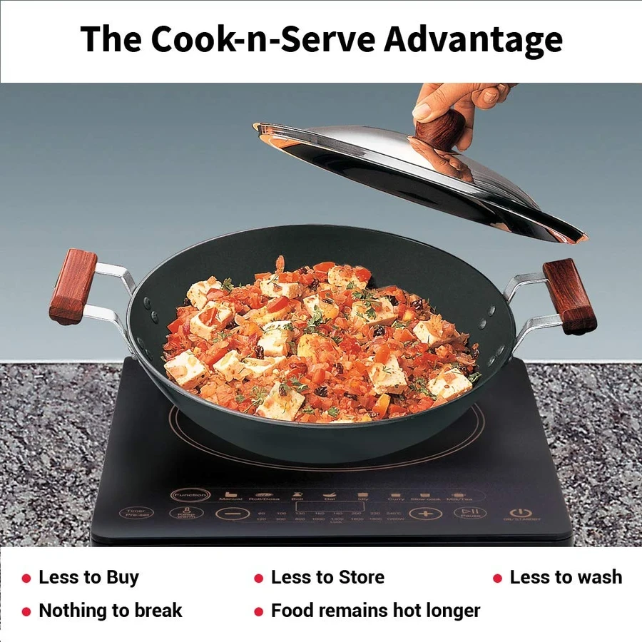 Hawkins IAD25S 2.5L Hard Anodised Deep Fry Pan (Kadhai) | Flat Bottom | Induction Compatible | Rosewood Handles | SS Lid | Black
