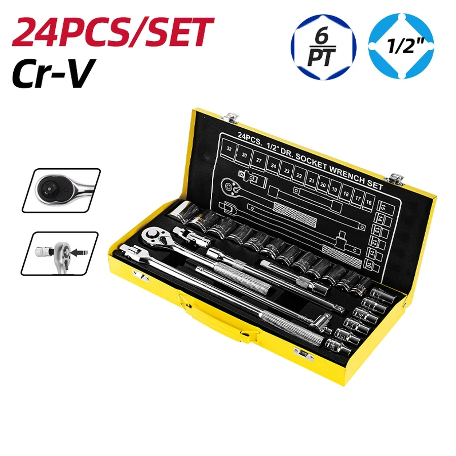 Deli 24PCS 1/2" (12.5mm) Drive Socket Set | Premium 50BV30 Chrome Vanadium Steel 10-32mm Metric Sockets with Quick-Release Ratchet & Extensions in BMC Case (Yellow) | EDL2024T