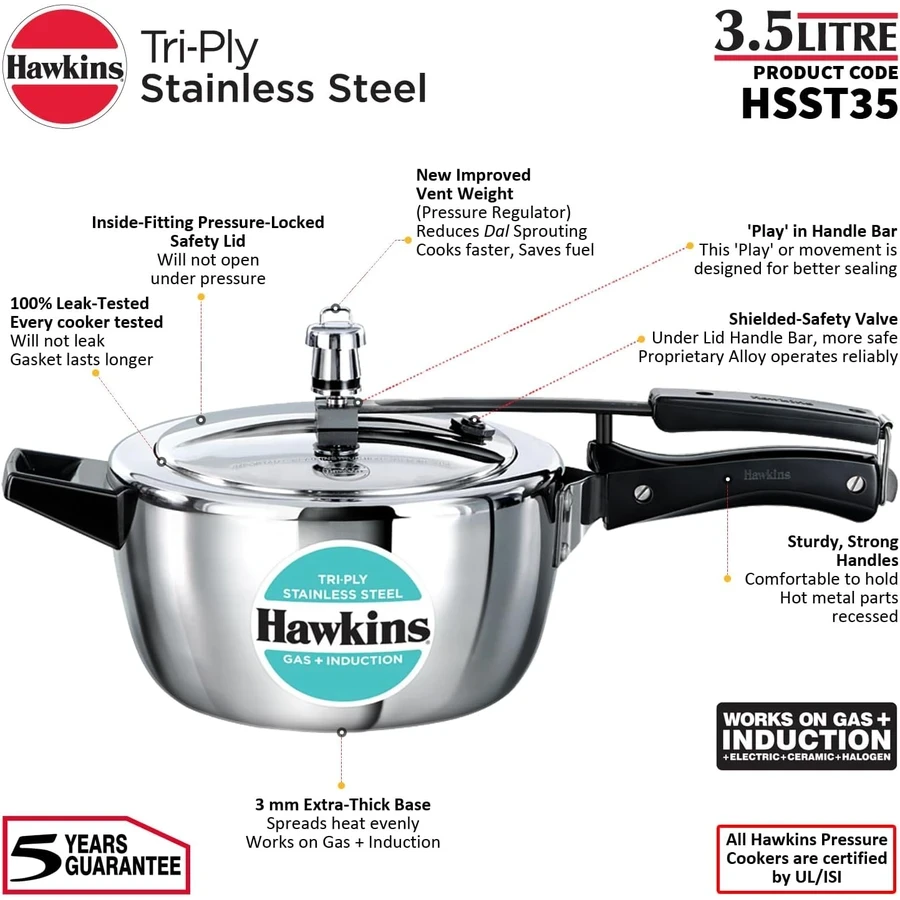 Hawkins HSST35 3.5L Tri-Ply Stainless Steel Pressure Cooker | 3mm Extra Thick | Induction Compatible | Wide Mouth | Silver
