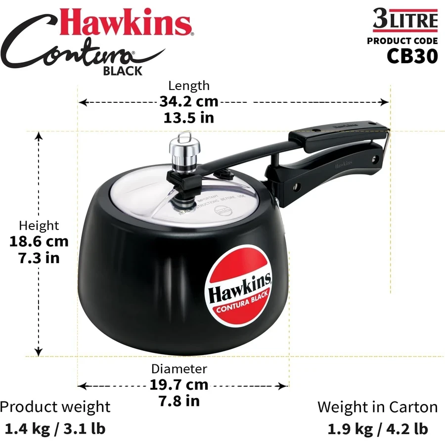 Hawkins Contura Black Pressure Cooker | Hard Anodised Body | Stainless Steel Lid | Rapid Heating Black Base | 1.5L to 5L