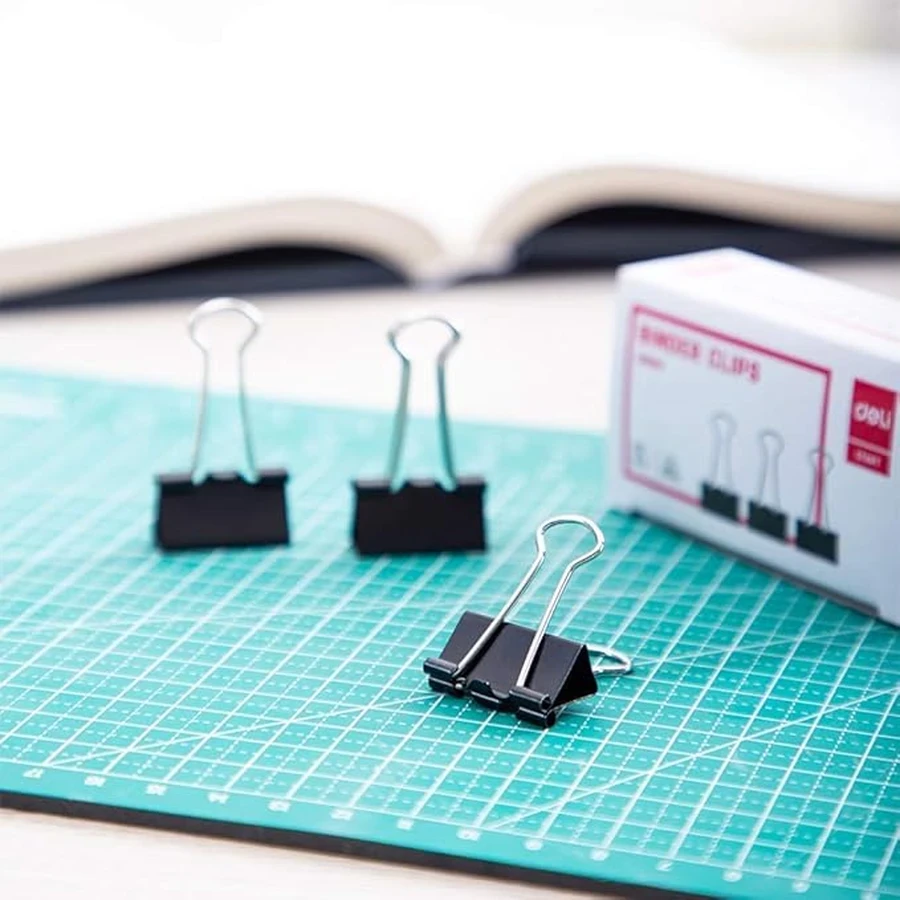Deli 25mm (1") Standard Spring Steel Binder Clips (12-Piece Pack) | Heavy-Duty Metal Paper Clamps with Foldable Handles (Black) | E38564