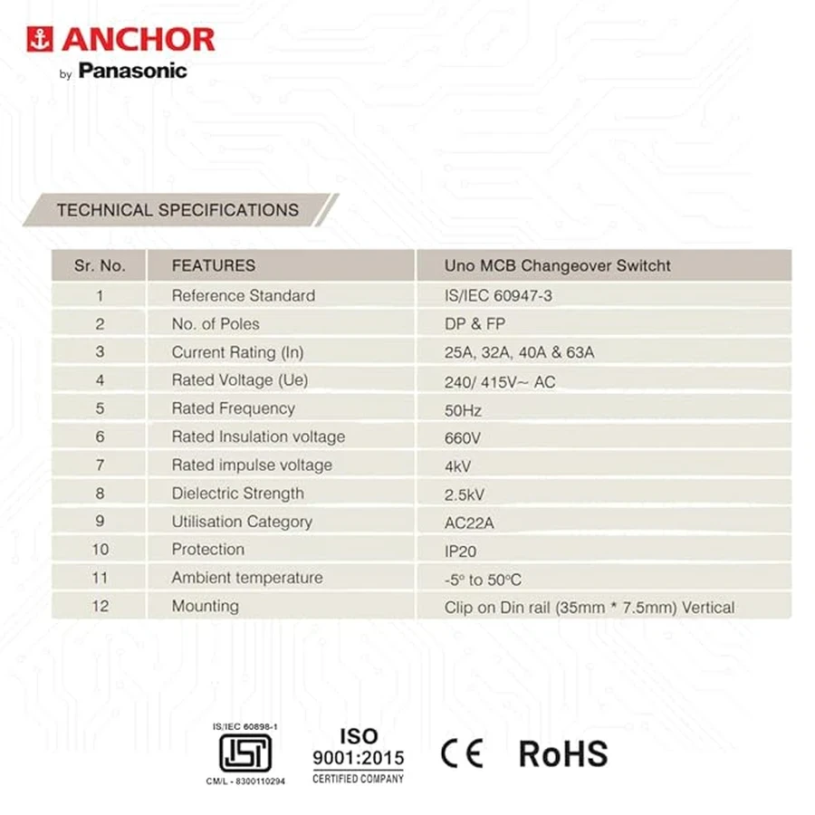 Anchor UNO DP Changeover Switch 63A 98084 - Double Pole (2 Pole), Panel Mount, High Current Rating for Safe Power Transfer