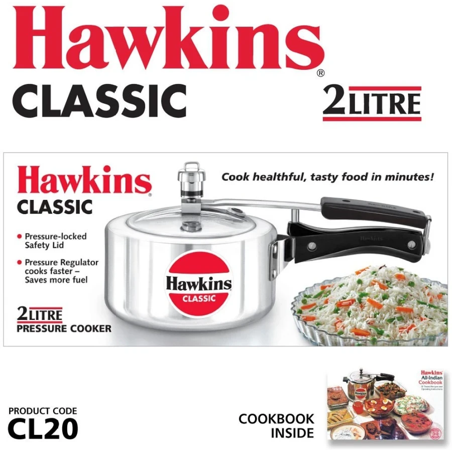 Hawkins Classic Pressure Cooker | 1.5L / 2L Capacity | Mirror Polished Aluminium | Inside-Fitting Safety Lid | Gas Stovetop Compatible | Silver