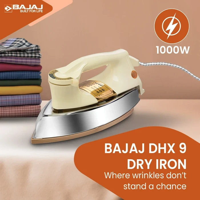 Bajaj 1000W Heavy Weight Dry Iron | DuraGlide German Non-Stick Soleplate, Denim Mode & 360-Degree Swivel Cord | Majesty DHX 9 - 440154