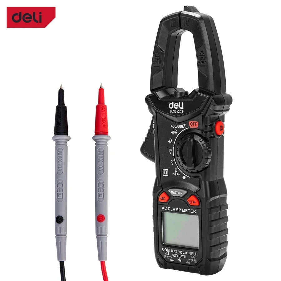 Deli Digital Clamp Multimeter CAT III 600V Auto Ranging 25mm Jaw Clamp for AC/DC Voltage, AC Current & Resistance with Backlight & Data Hold (Red) | EDL334203
