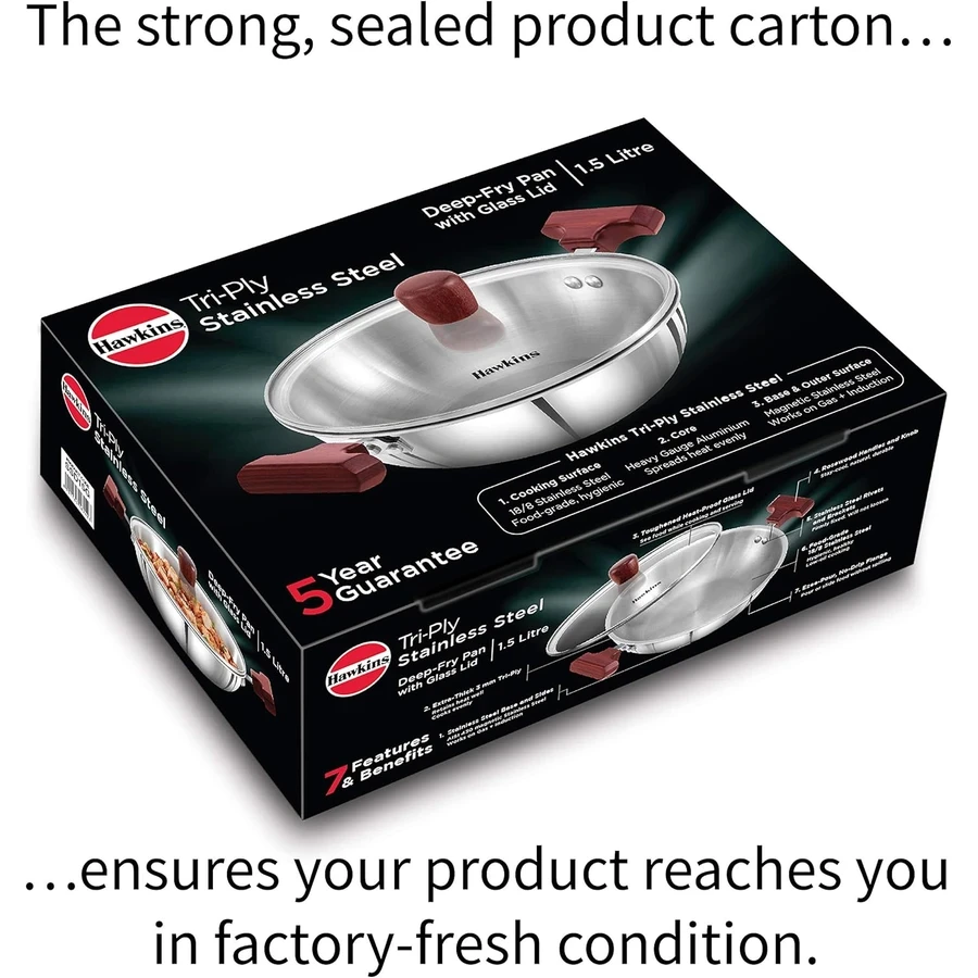 Hawkins SSD15G 1.5L Tri-Ply Stainless Steel Deep Fry Pan (Kadhai) with Glass Lid | Induction & Gas Compatible | Silver