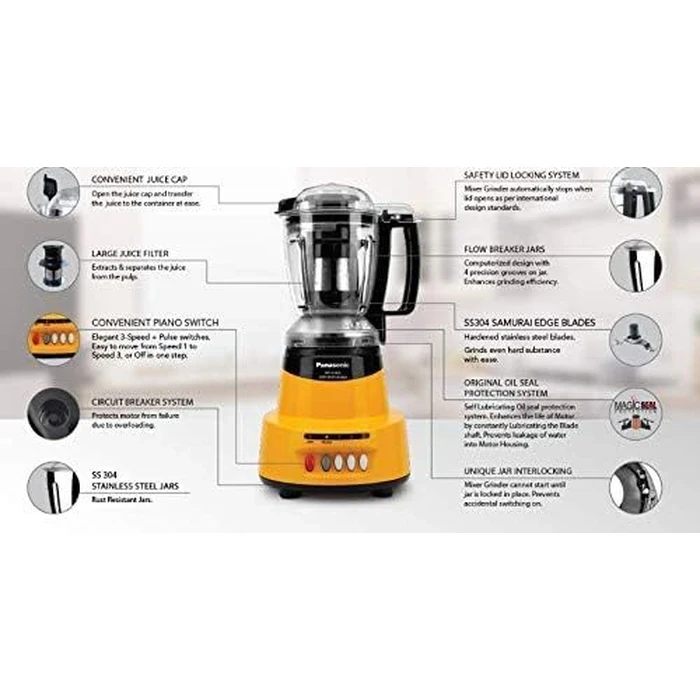 Panasonic 600W Elements Mixer Grinder with 3 Stainless Steel Jars & 1 Juicer Jar | Safety Lock Overload Protection | Wet Dry Blending Chutney Grinding Quartz Yellow/Rustic Red/Sunstone Orange/Charcoal