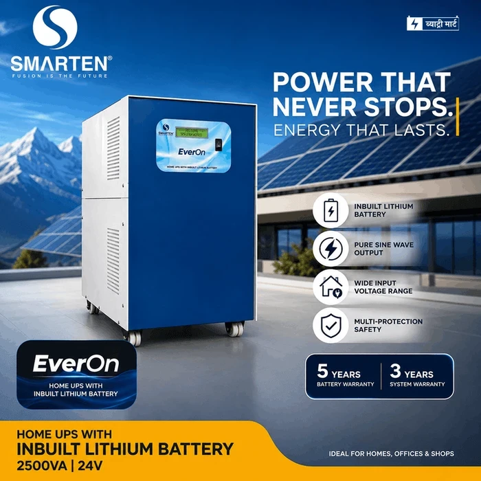 Smarten EverOn 2500VA 25.6V Pure Sine Wave Wall-Mount Home UPS with Inbuilt 100Ah (2.56 kWh) LiFePO4 Lithium Battery & MPPT Fast Charger | EverOn 2500