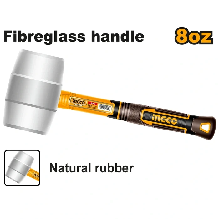 INGCO 8oz / 220g Professional Rubber Hammer | Soft Non-Marring Plastic Faces & Natural Rubber Head Mallet | Non-Spark Safe Striking Tool with Unique Design Fiberglass Handle | HRUH8908