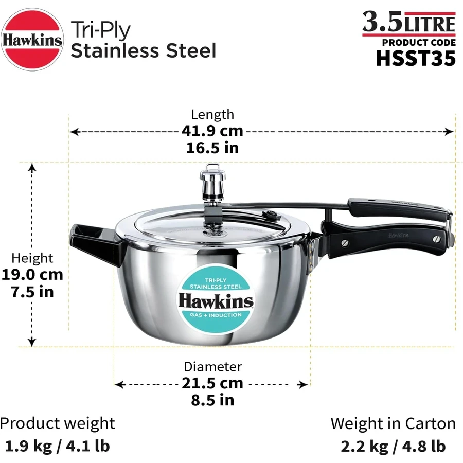 Hawkins HSST35 3.5L Tri-Ply Stainless Steel Pressure Cooker | 3mm Extra Thick | Induction Compatible | Wide Mouth | Silver