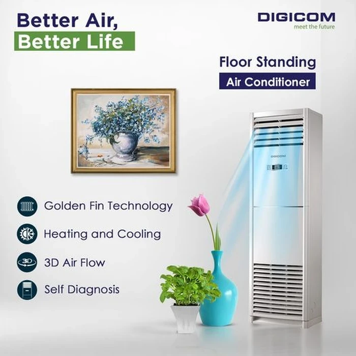 Digicom 2.0 Ton / 4.0 Ton Floor Standing Air Conditioner | Golden Fin Copper Condenser Cooling & Heating | Long Distance Wind Blast 3D Air Flow LED Display Self Diagnosis
