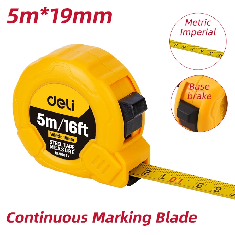 Deli 5m / 16ft x 19mm Professional Retractable Steel Measuring Tape | Heavy-Duty Anti-Glare Matte Blade with Mn-Steel Recoil Spring & Zero-Point Hook | EDL9005Y