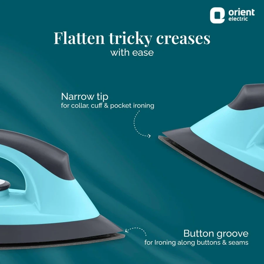 Orient Fabripress 1000W Professional Dry Iron | Intelligent Auto Shut-Off Safety Garment Press with Lightweight Plastic Body & Fast Heat-Up (Turquoise & Black)