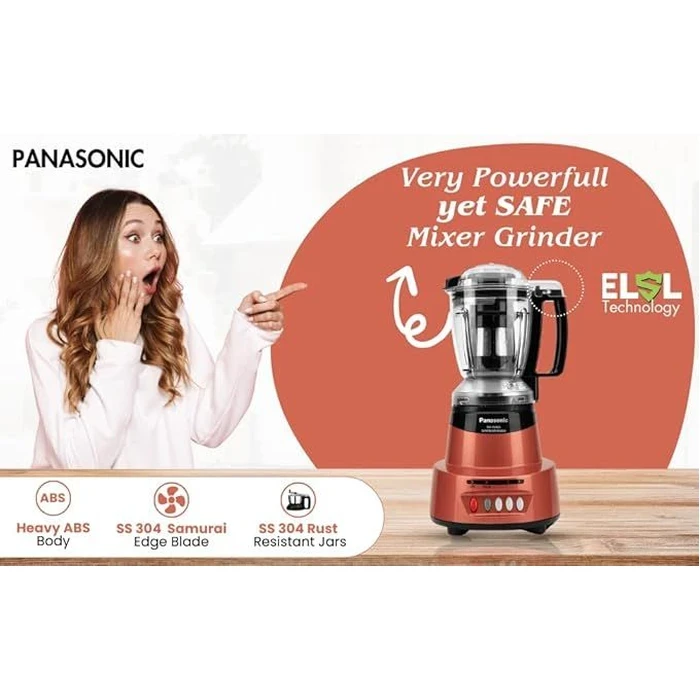 Panasonic 600W Elements Mixer Grinder with 3 Stainless Steel Jars & 1 Juicer Jar | Safety Lock Overload Protection | Wet Dry Blending Chutney Grinding Quartz Yellow/Rustic Red/Sunstone Orange/Charcoal