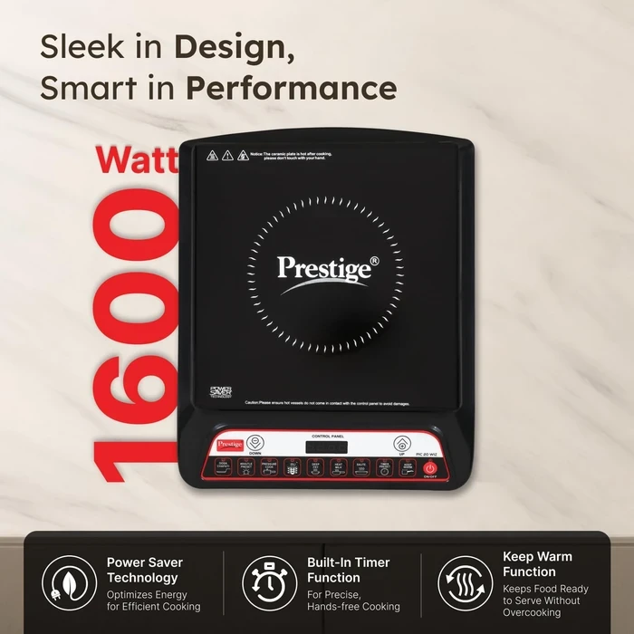 Prestige PIC 20.0 1600W Induction Cooktop with Automatic Whistle Counter & Keep Warm Function | Feather Touch Glass Top Stove - Model 41998