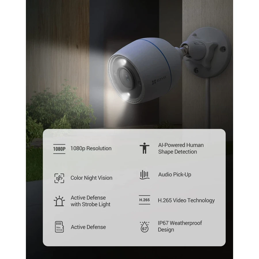 EZVIZ H3c 1080P Outdoor Smart Wi-Fi Bullet Camera | IP67 Weatherproof AI Human Detection with 30m Night Vision & Alexa Support | CS-H3c-R100-1K2WFL